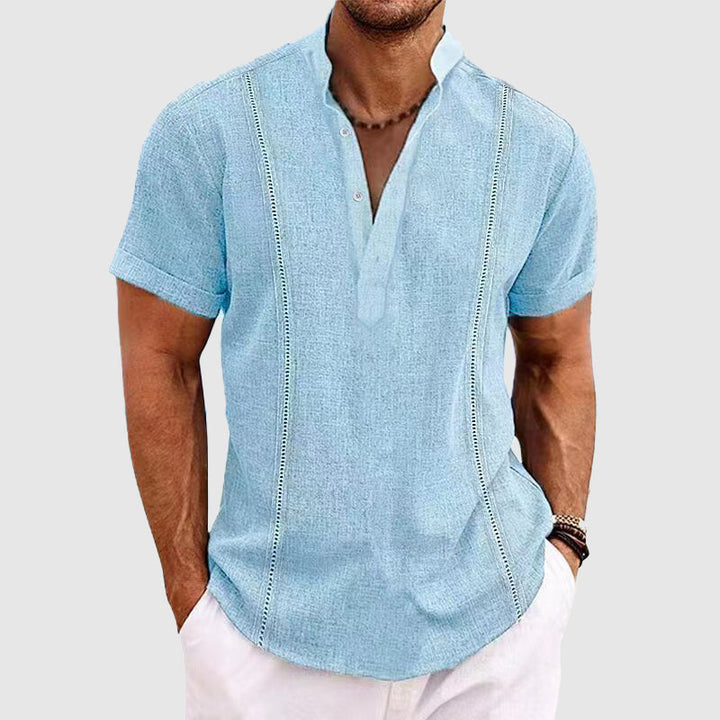 Men’s Casual Blouse – Relaxed Fit – Short Sleeve – Mandarin Collar – Breathable Blend