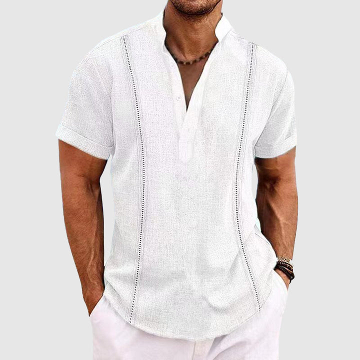 Men’s Casual Blouse – Relaxed Fit – Short Sleeve – Mandarin Collar – Breathable Blend