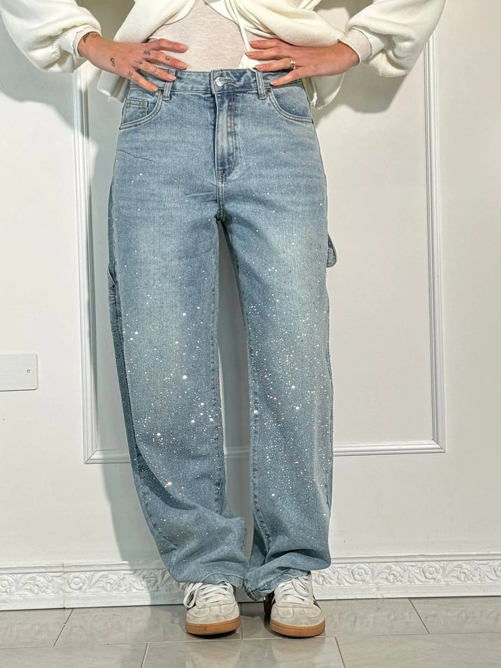 Women’s Jeans – Balloon Fit – Embellished Sparkling Details – Full Length Denim
