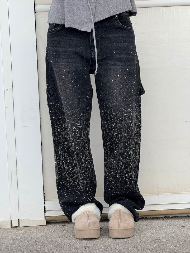 Women’s Jeans – Balloon Fit – Embellished Sparkling Details – Full Length Denim