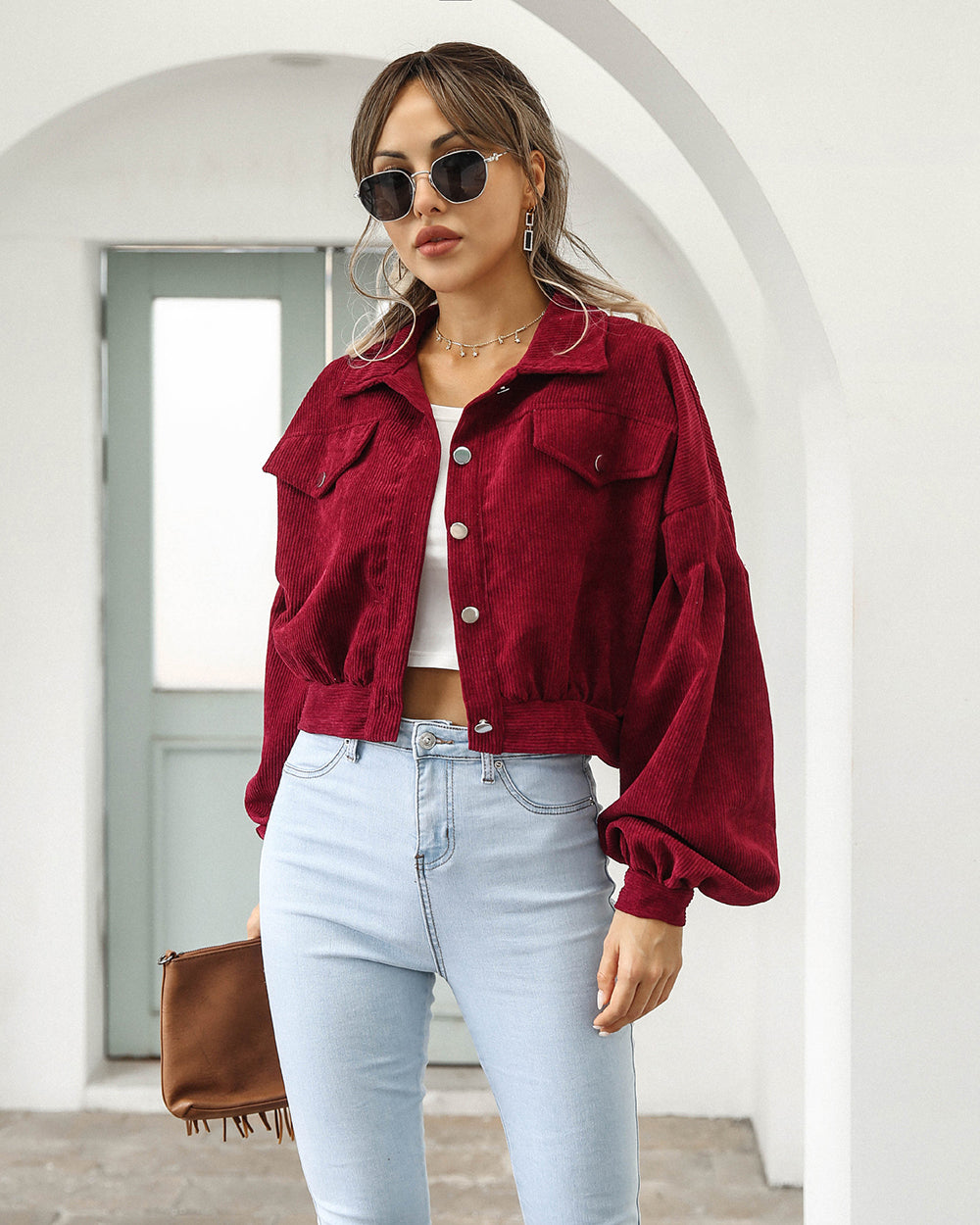 Women’s Cropped Jacket - Corduroy - Oversized Fit - Balloon Sleeves - Chest Pockets