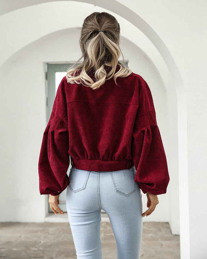Women’s Cropped Jacket - Corduroy - Oversized Fit - Balloon Sleeves - Chest Pockets