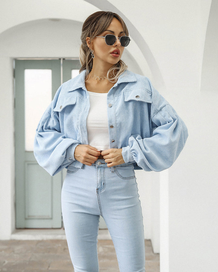 Women’s Cropped Jacket - Corduroy - Oversized Fit - Balloon Sleeves - Chest Pockets