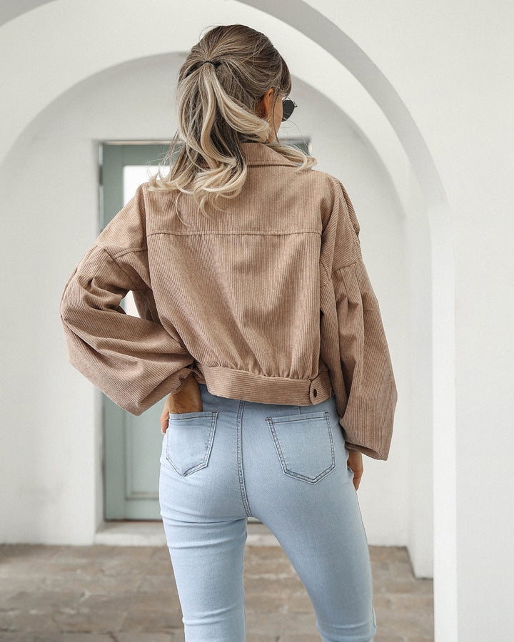 Women’s Cropped Jacket - Corduroy - Oversized Fit - Balloon Sleeves - Chest Pockets