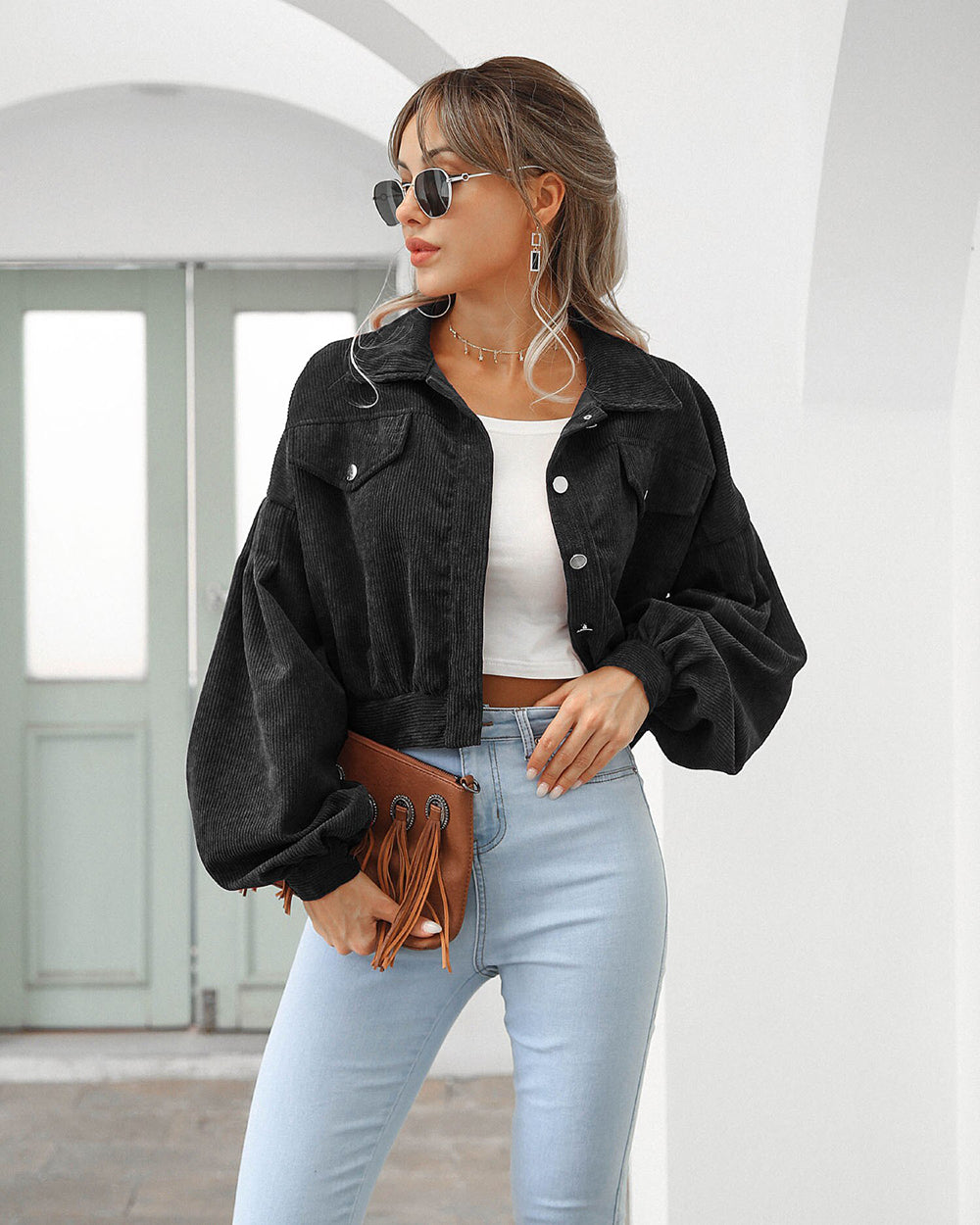 Women’s Cropped Jacket - Corduroy - Oversized Fit - Balloon Sleeves - Chest Pockets