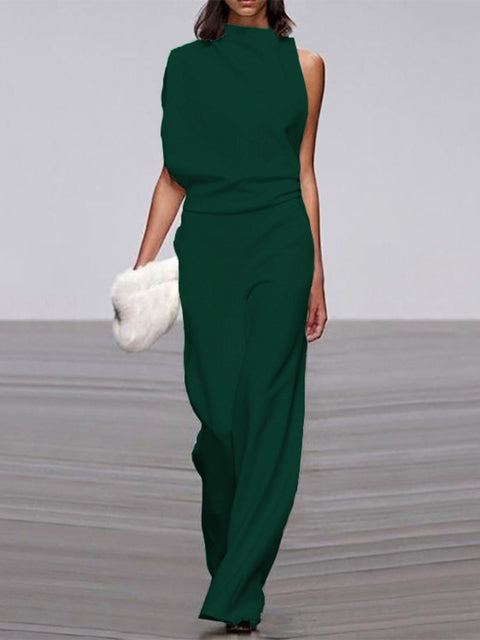 Women's One-Shoulder Jumpsuit - Wide-Leg Elegant Fit - Chic Asymmetrical Design