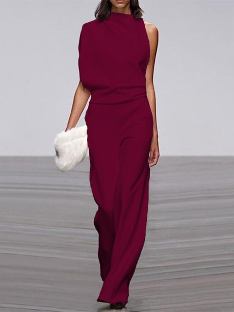 Women's One-Shoulder Jumpsuit - Wide-Leg Elegant Fit - Chic Asymmetrical Design