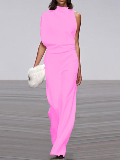 Women's One-Shoulder Jumpsuit - Wide-Leg Elegant Fit - Chic Asymmetrical Design