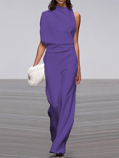 Women's One-Shoulder Jumpsuit - Wide-Leg Elegant Fit - Chic Asymmetrical Design