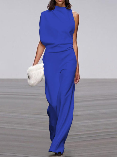 Women's One-Shoulder Jumpsuit - Wide-Leg Elegant Fit - Chic Asymmetrical Design
