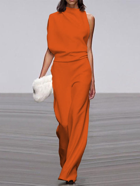 Women's One-Shoulder Jumpsuit - Wide-Leg Elegant Fit - Chic Asymmetrical Design