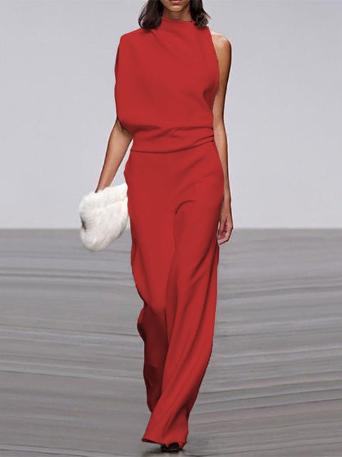 Women's One-Shoulder Jumpsuit - Wide-Leg Elegant Fit - Chic Asymmetrical Design