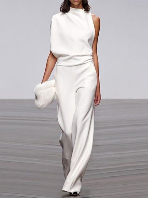 Women's One-Shoulder Jumpsuit - Wide-Leg Elegant Fit - Chic Asymmetrical Design