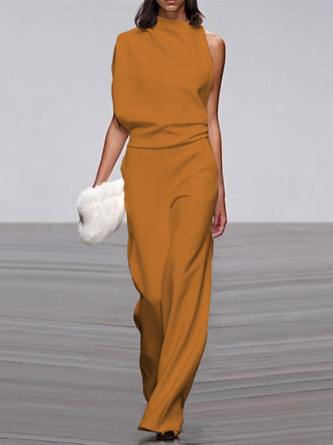 Women's One-Shoulder Jumpsuit - Wide-Leg Elegant Fit - Chic Asymmetrical Design