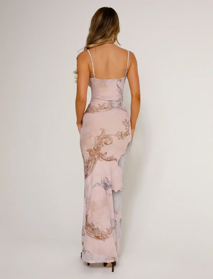 Women’s Maxi Dress - Fitted Sleeveless Design - Deep V-Neck - Artistic Detailing