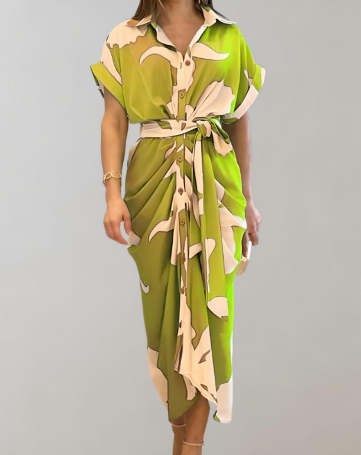 Women's Wrap Dress - Button-Up - Short Sleeve - Collared - Waist Tie - Asymmetrical Hem