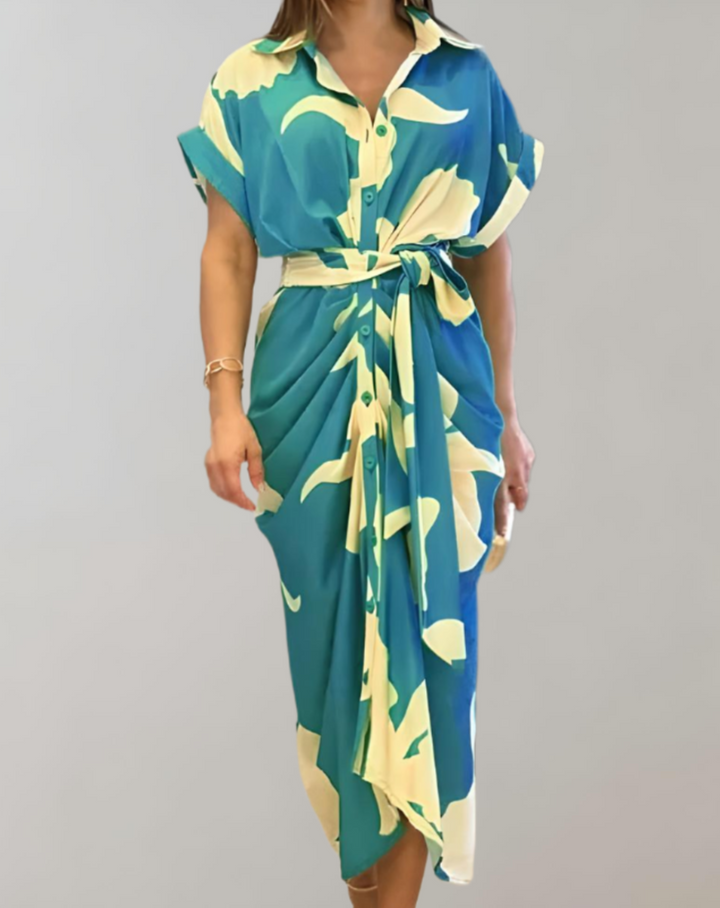Women's Wrap Dress - Button-Up - Short Sleeve - Collared - Waist Tie - Asymmetrical Hem