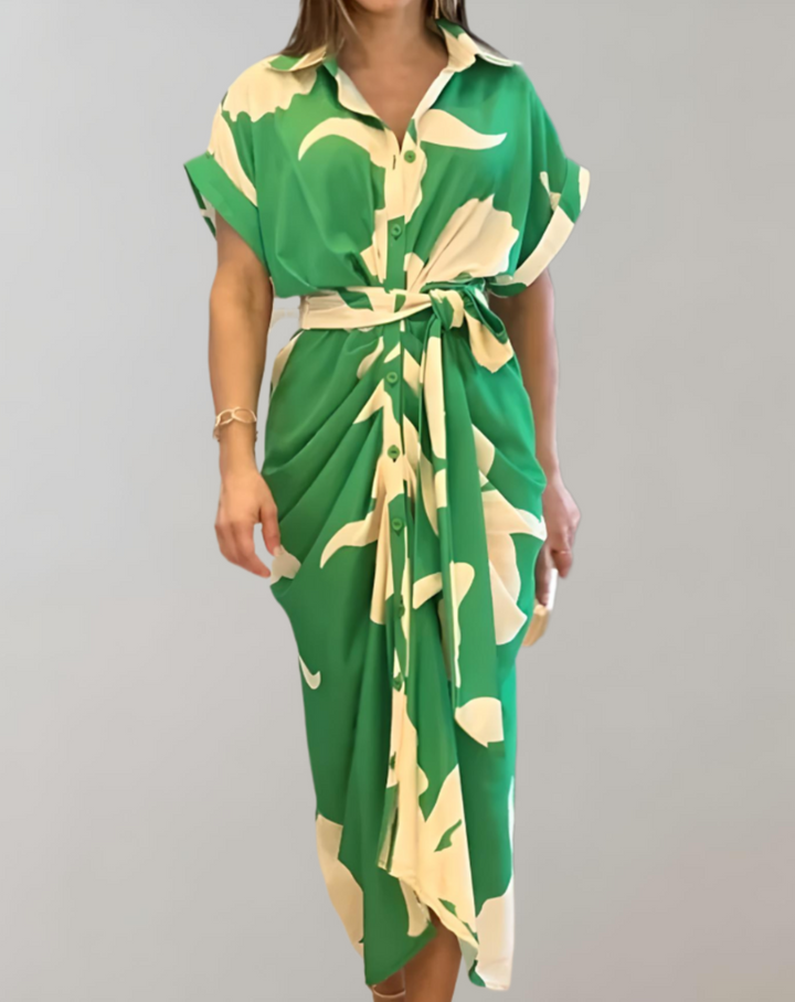Women's Wrap Dress - Button-Up - Short Sleeve - Collared - Waist Tie - Asymmetrical Hem