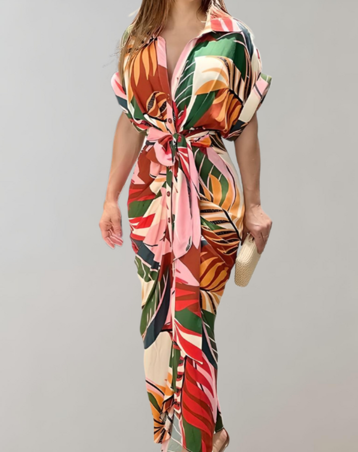 Women's Wrap Dress - Button-Up - Short Sleeve - Collared - Waist Tie - Asymmetrical Hem