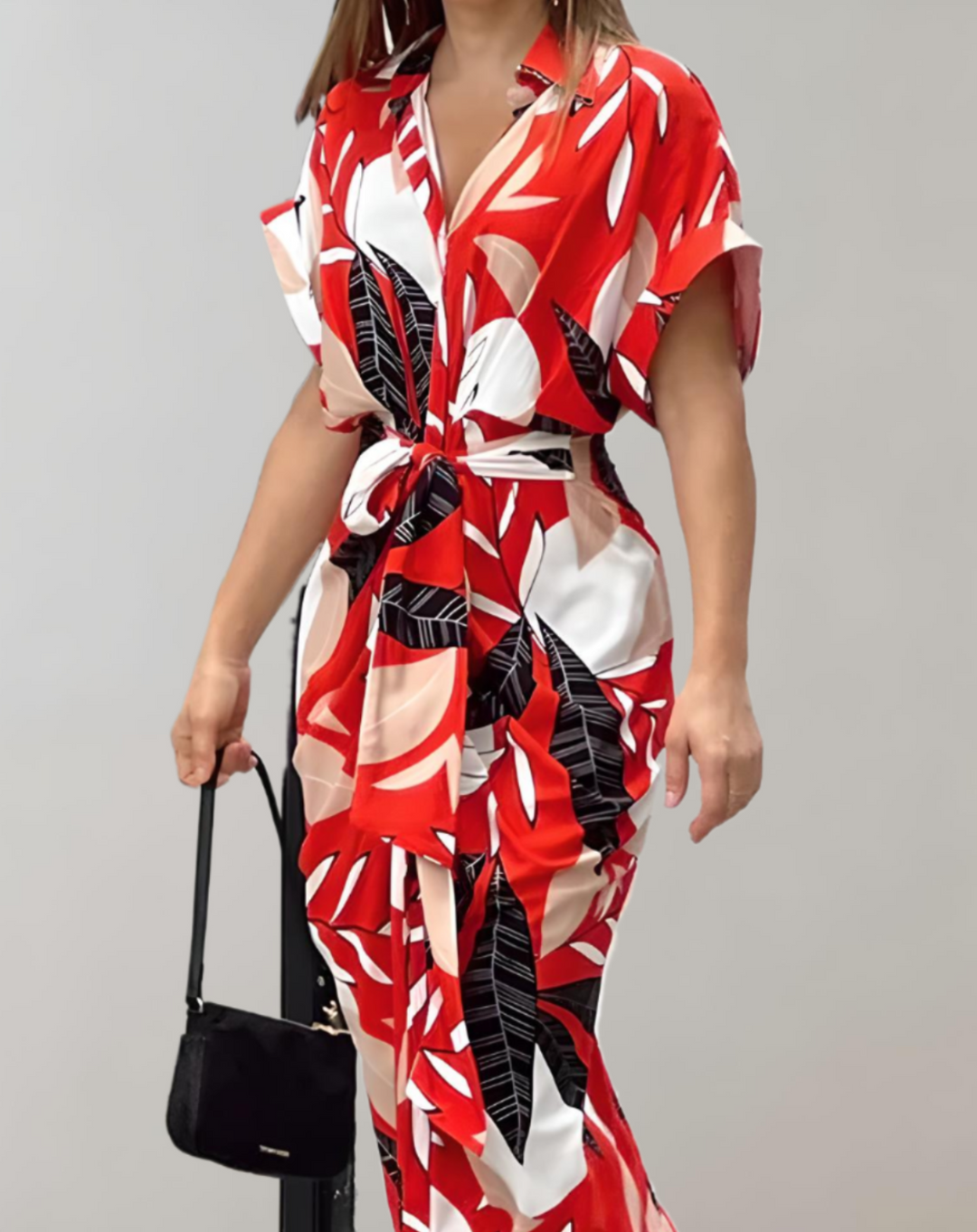 Women's Wrap Dress - Button-Up - Short Sleeve - Collared - Waist Tie - Asymmetrical Hem
