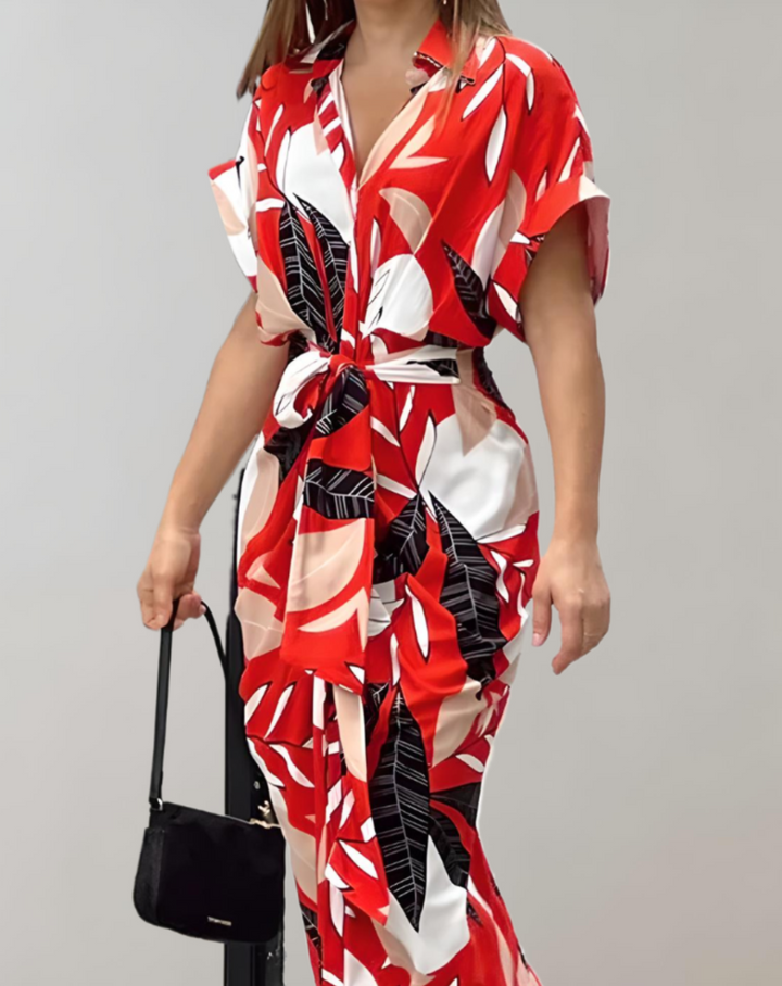 Women's Wrap Dress - Button-Up - Short Sleeve - Collared - Waist Tie - Asymmetrical Hem