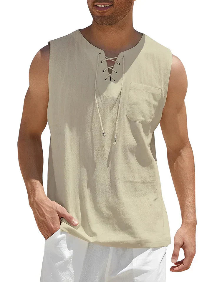 Men’s Tank Top – Relaxed Fit – Lace-Up Front – Chest Pocket – Breathable Blend