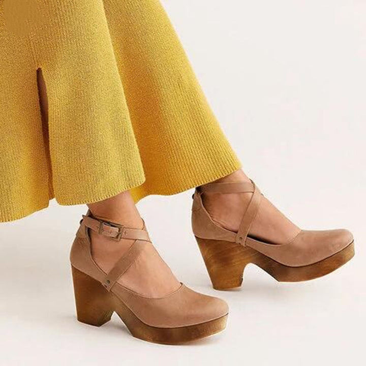 Women’s Wedge Heel Shoes – Closed Toe – Leather Upper – Ankle Strap – Platform Sole