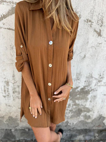 Women’s Shirtdress – Relaxed Fit – Button Front – Breathable Blend – Rolled Sleeves