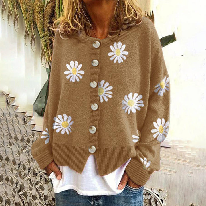 Women’s Knit Cardigan – Oversized Fit – Soft Knit – Daisy Print – Ribbed Trim