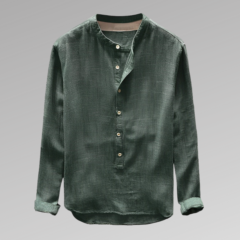 Men’s Long Sleeve Shirt – Natural Fibers – Relaxed Fit – Mandarin Collar – Half Button