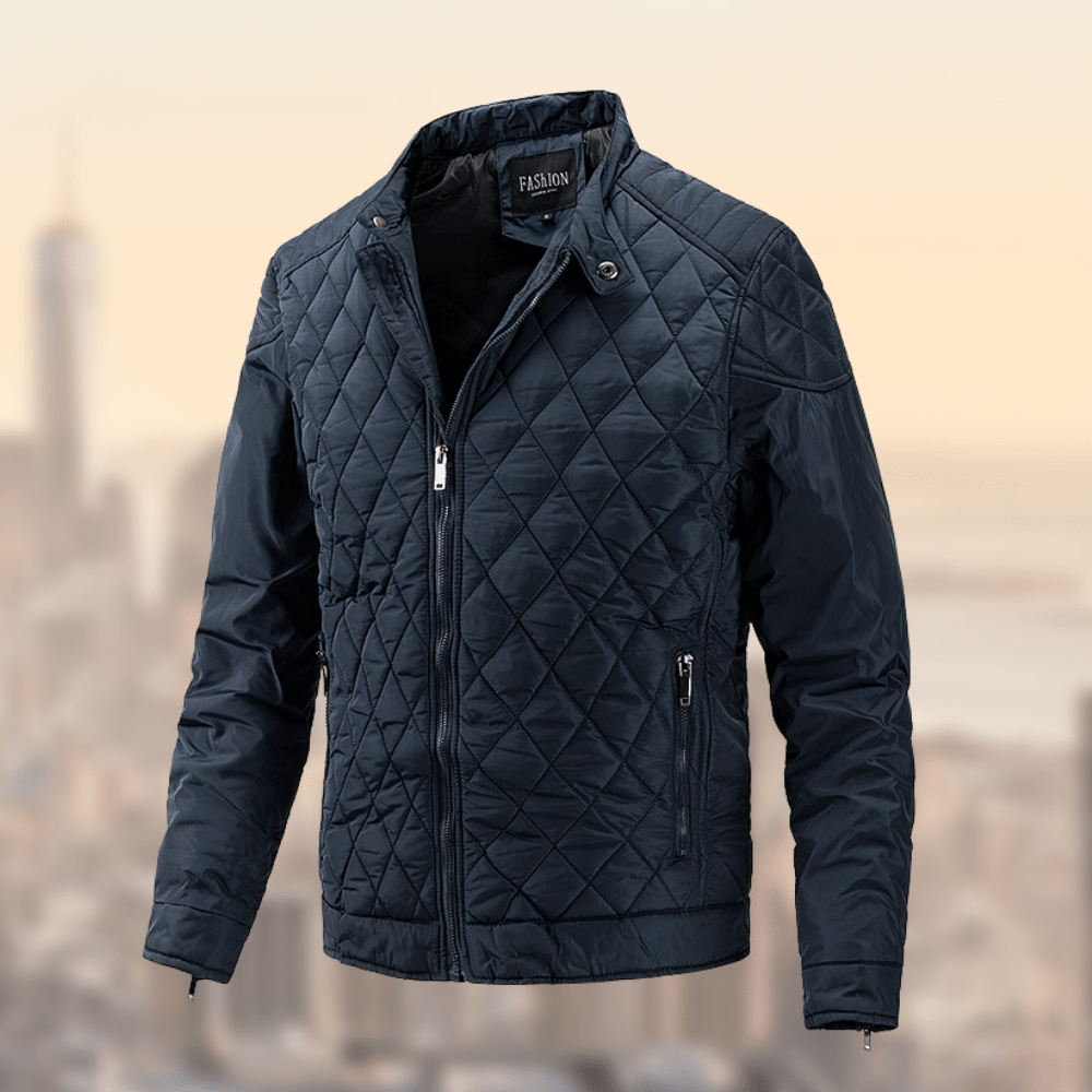 Men’s Quilted Jacket – Diamond Pattern – High Collar – Zippered Cuffs – Slim Fit