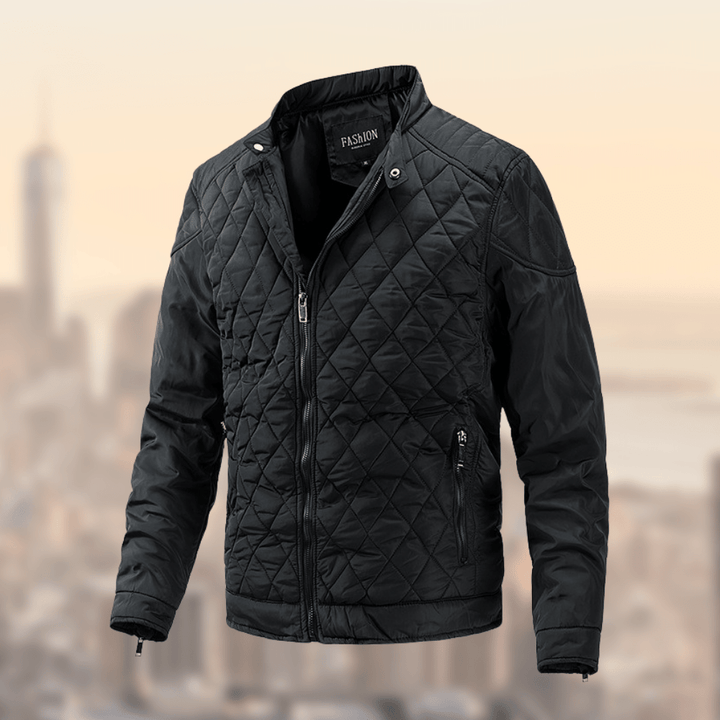 Men’s Quilted Jacket – Diamond Pattern – High Collar – Zippered Cuffs – Slim Fit