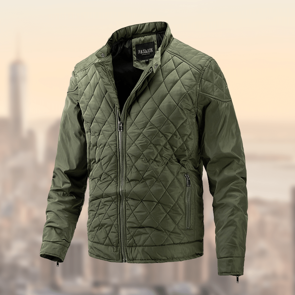 Men’s Quilted Jacket – Diamond Pattern – High Collar – Zippered Cuffs – Slim Fit