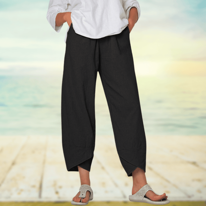 Women’s Wide Leg Pants – Relaxed Fit – Breathable Blend – Overlap Hem – Full Length
