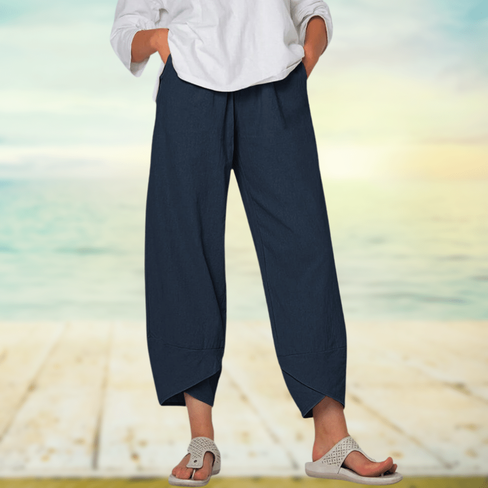 Women’s Wide Leg Pants – Relaxed Fit – Breathable Blend – Overlap Hem – Full Length