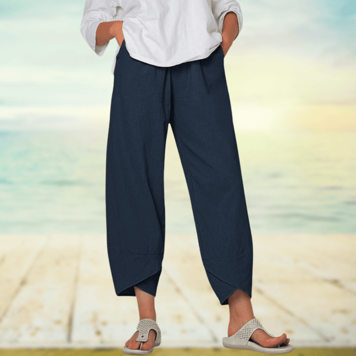 Women’s Wide Leg Pants – Relaxed Fit – Breathable Blend – Overlap Hem – Full Length