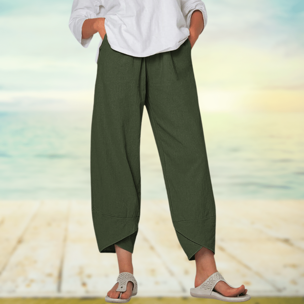 Women’s Wide Leg Pants – Relaxed Fit – Breathable Blend – Overlap Hem – Full Length