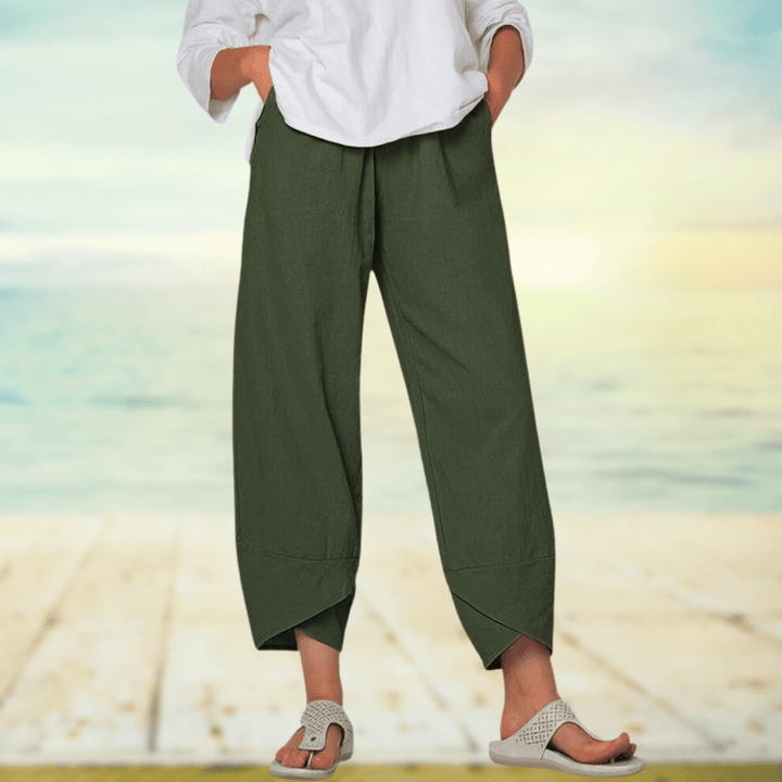 Women’s Wide Leg Pants – Relaxed Fit – Breathable Blend – Overlap Hem – Full Length