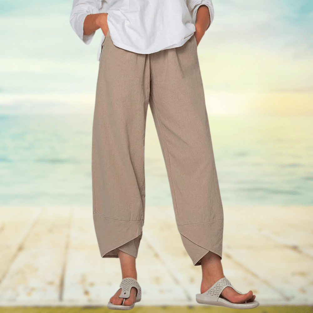 Women’s Wide Leg Pants – Relaxed Fit – Breathable Blend – Overlap Hem – Full Length