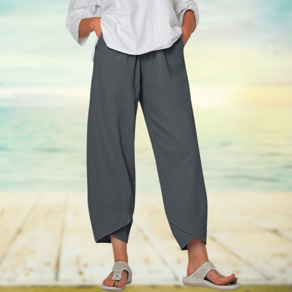 Women’s Wide Leg Pants – Relaxed Fit – Breathable Blend – Overlap Hem – Full Length