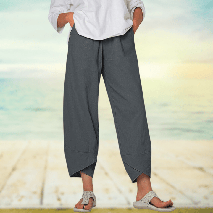 Women’s Wide Leg Pants – Relaxed Fit – Breathable Blend – Overlap Hem – Full Length