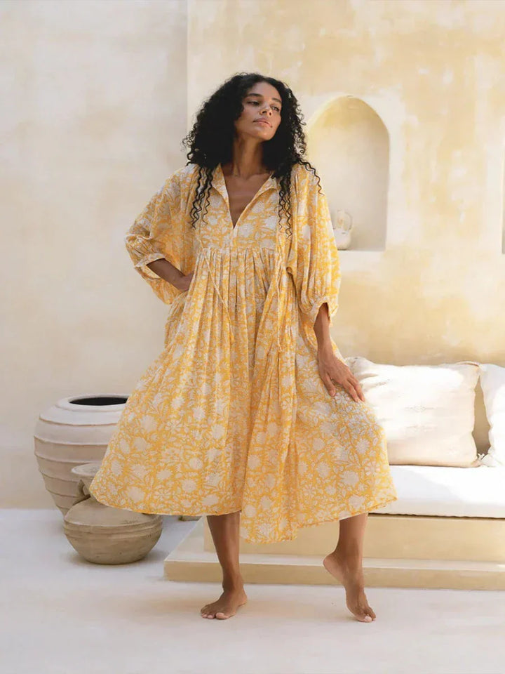 Women's Maxi Dress - V-Neck Tie Closure - Puff Sleeves - Flowing Boho Floral Design