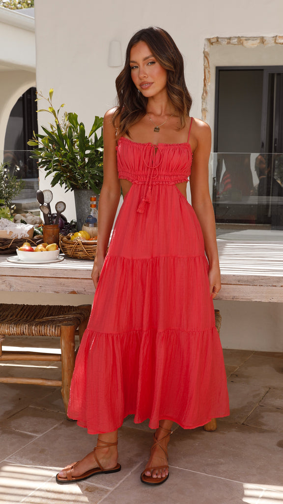 Women's Maxi Dress - Tiered Design - Empire Waist - Spaghetti Straps - Ruched Bodice