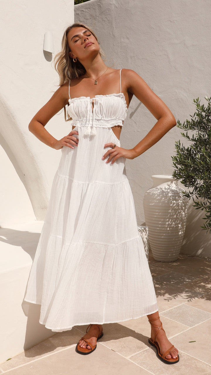Women's Maxi Dress - Tiered Design - Empire Waist - Spaghetti Straps - Ruched Bodice