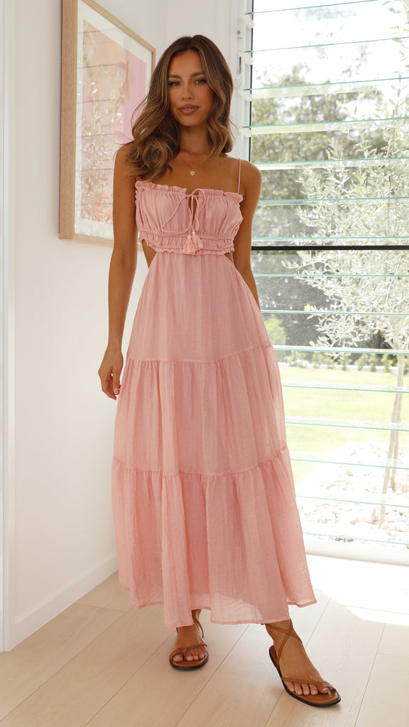 Women's Maxi Dress - Tiered Design - Empire Waist - Spaghetti Straps - Ruched Bodice