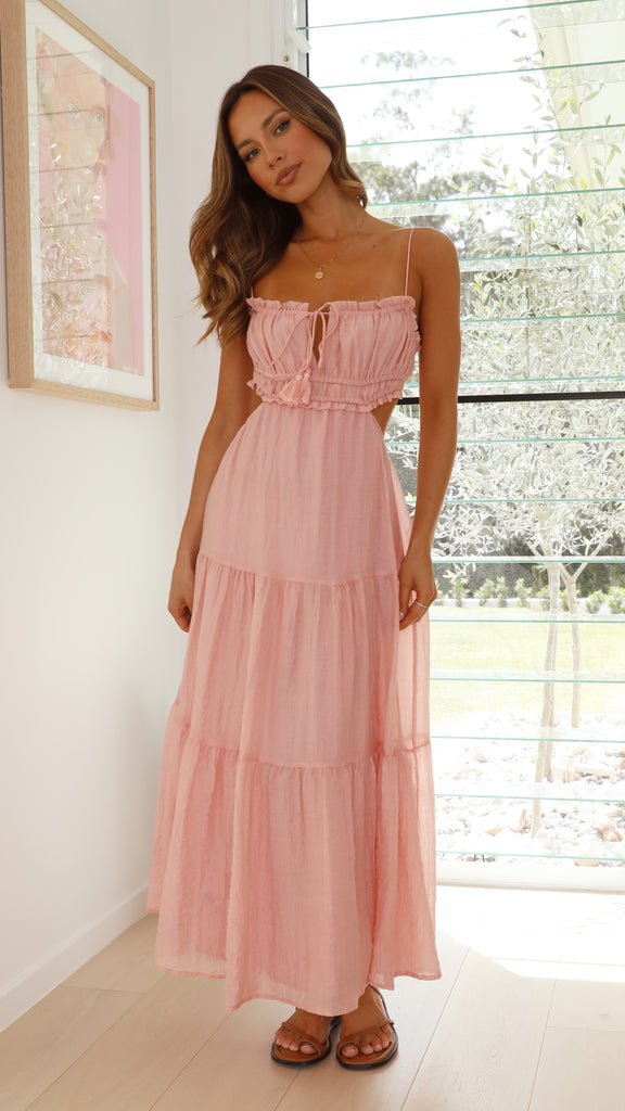 Women's Maxi Dress - Tiered Design - Empire Waist - Spaghetti Straps - Ruched Bodice