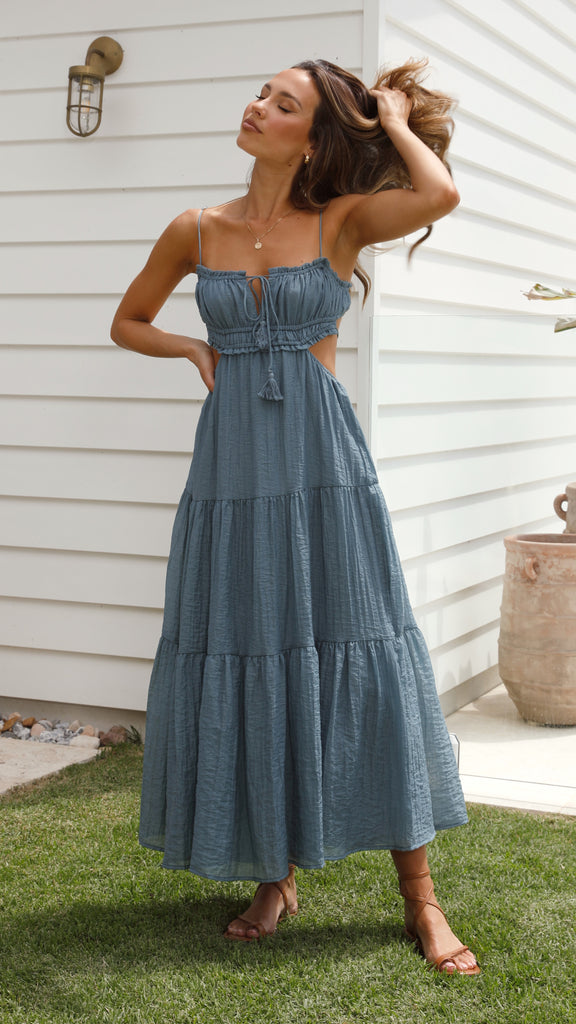 Women's Maxi Dress - Tiered Design - Empire Waist - Spaghetti Straps - Ruched Bodice