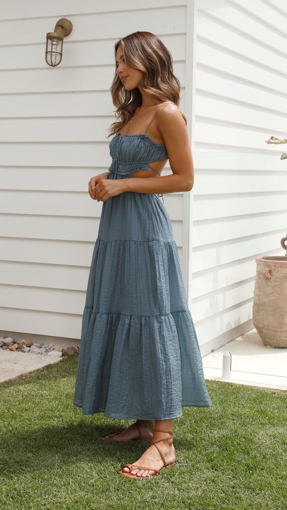 Women's Maxi Dress - Tiered Design - Empire Waist - Spaghetti Straps - Ruched Bodice