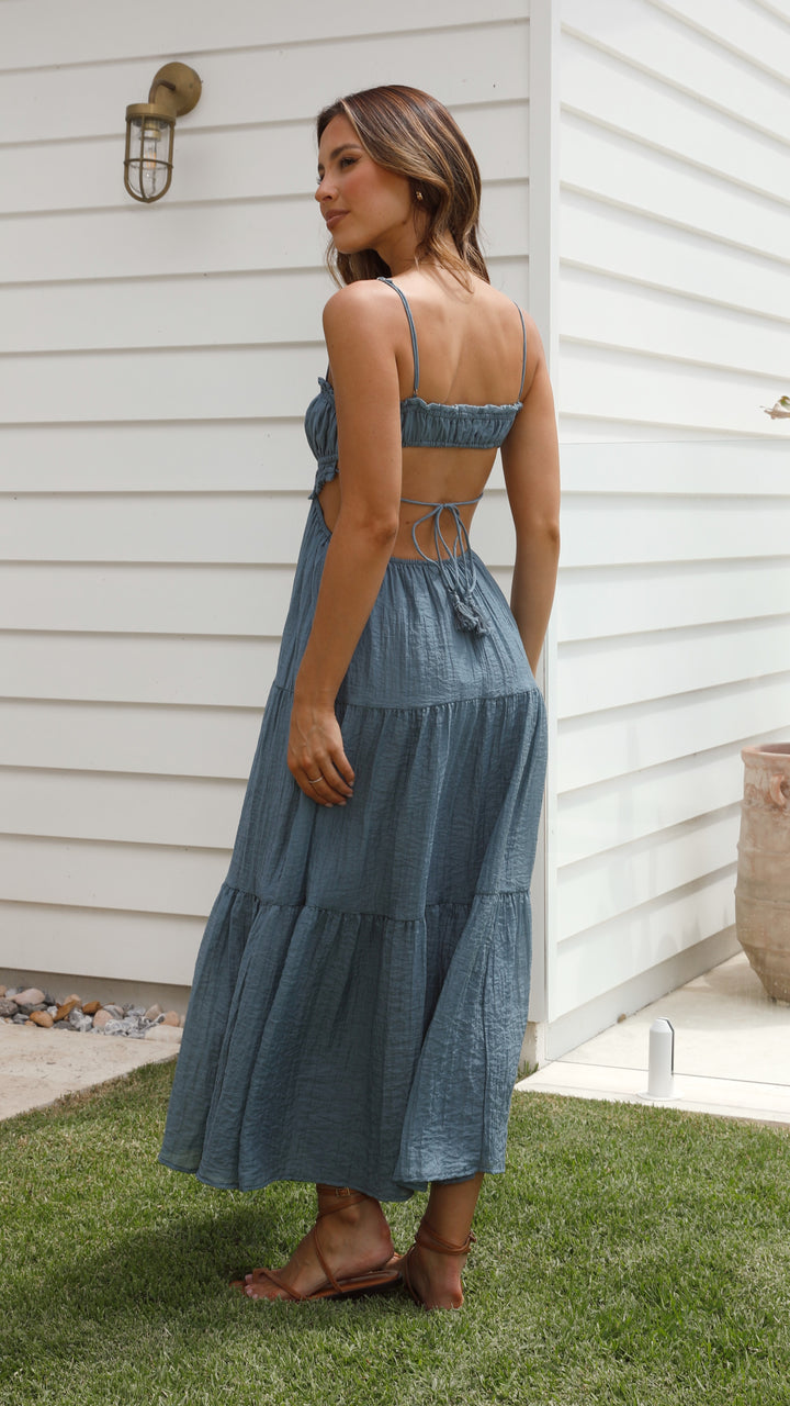 Women's Maxi Dress - Tiered Design - Empire Waist - Spaghetti Straps - Ruched Bodice