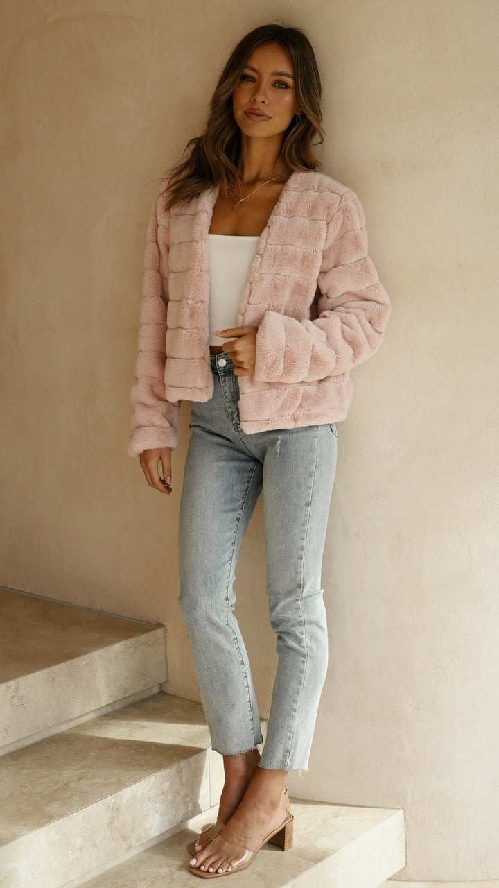 Women’s Crop Jacket - Faux Fur - Quilted Open Front - Structured Fit Cozy Layer